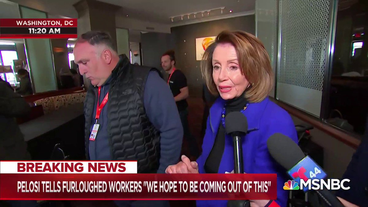Live now on @MSNBC: Speaker Pelosi joins Chef José Andrés to tour a kitchen that is helping feed federal workers during the month-long government shutdown.