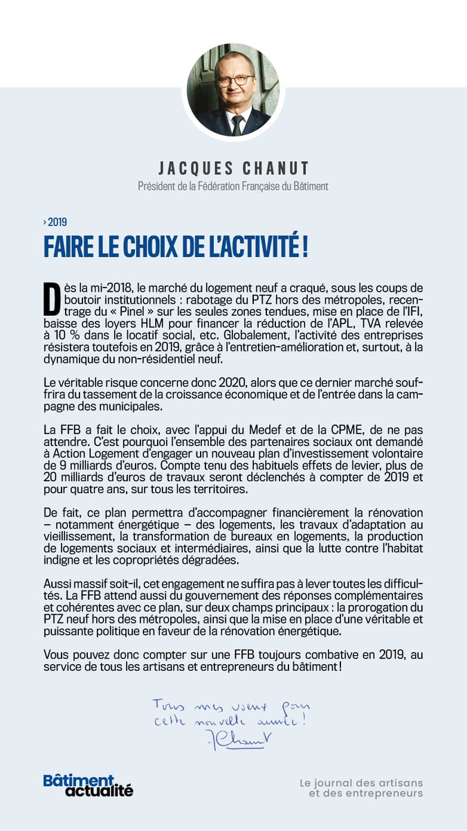 FFBatiment's tweet photo. 🔎 Découvrez le nouvel édito de #BâtimentActualité "2019 : faire le choix de l'activité" Afin de soutenir l'activité, le gouvernement doit proroger le #PTZ neuf hors des métropoles &amp; mettre en place une vraie politique en faveur de la #RénovationEnergétique #LaPassionDeConstruire https://t.co/k8r79MU6Ql