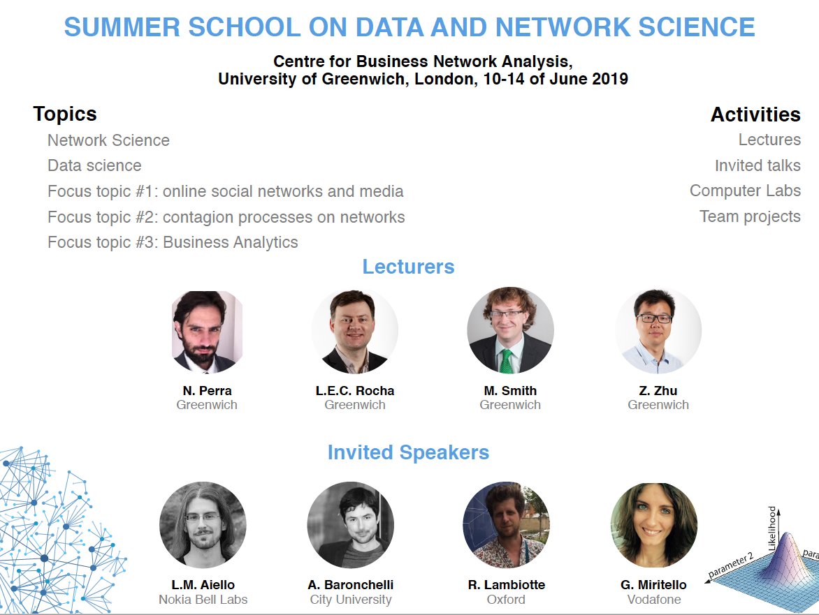 Summer school on data and network science. University of Greenwich, London, June 10-14, 2019. Amazing invited speakers (one still TBA), wide range of topics, lab sessions, and group projects. Register! store.gre.ac.uk/product-catalo…