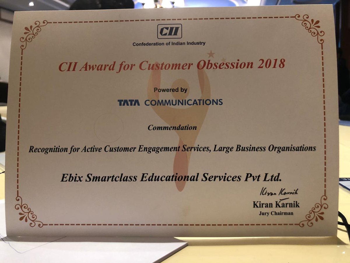 Ebix_Smartclass's tweet image. #CIICOAwards2018 @CIIEvents Honoured and Privileged to receive the prestigious CII Award for Customer Obsession - 2018, for active customer engagement in the Services sector under large organisation category, #ConfederationofIndianIndustry #EbixSmartclass