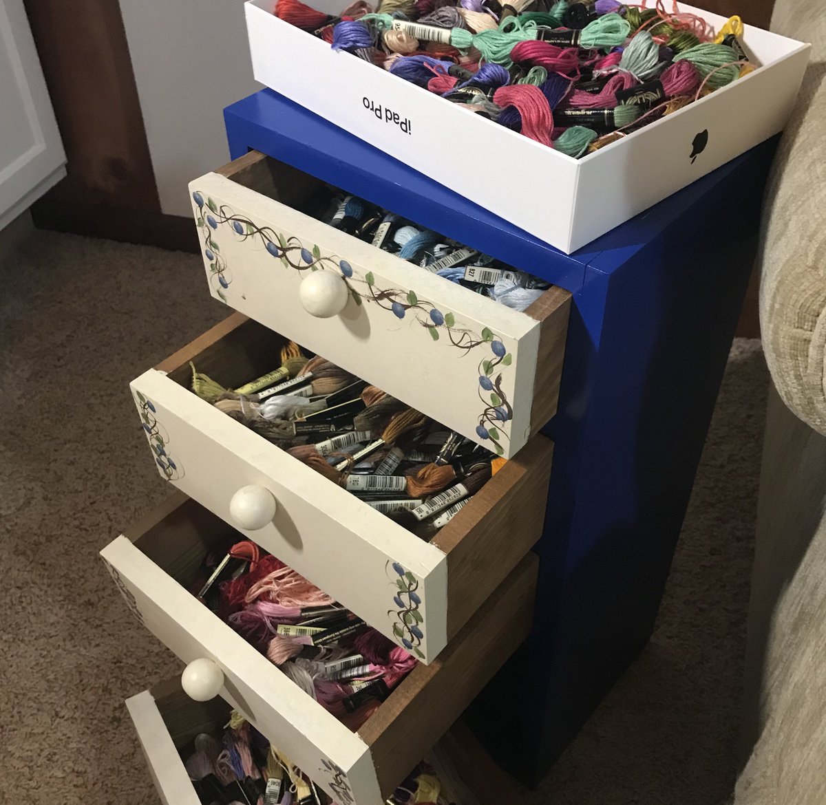 This is likely one of my next organization projects. There is more scattered around too.

#organization #embroideryfloss #thread #crafts #craft #organize #crafting #craftroom
