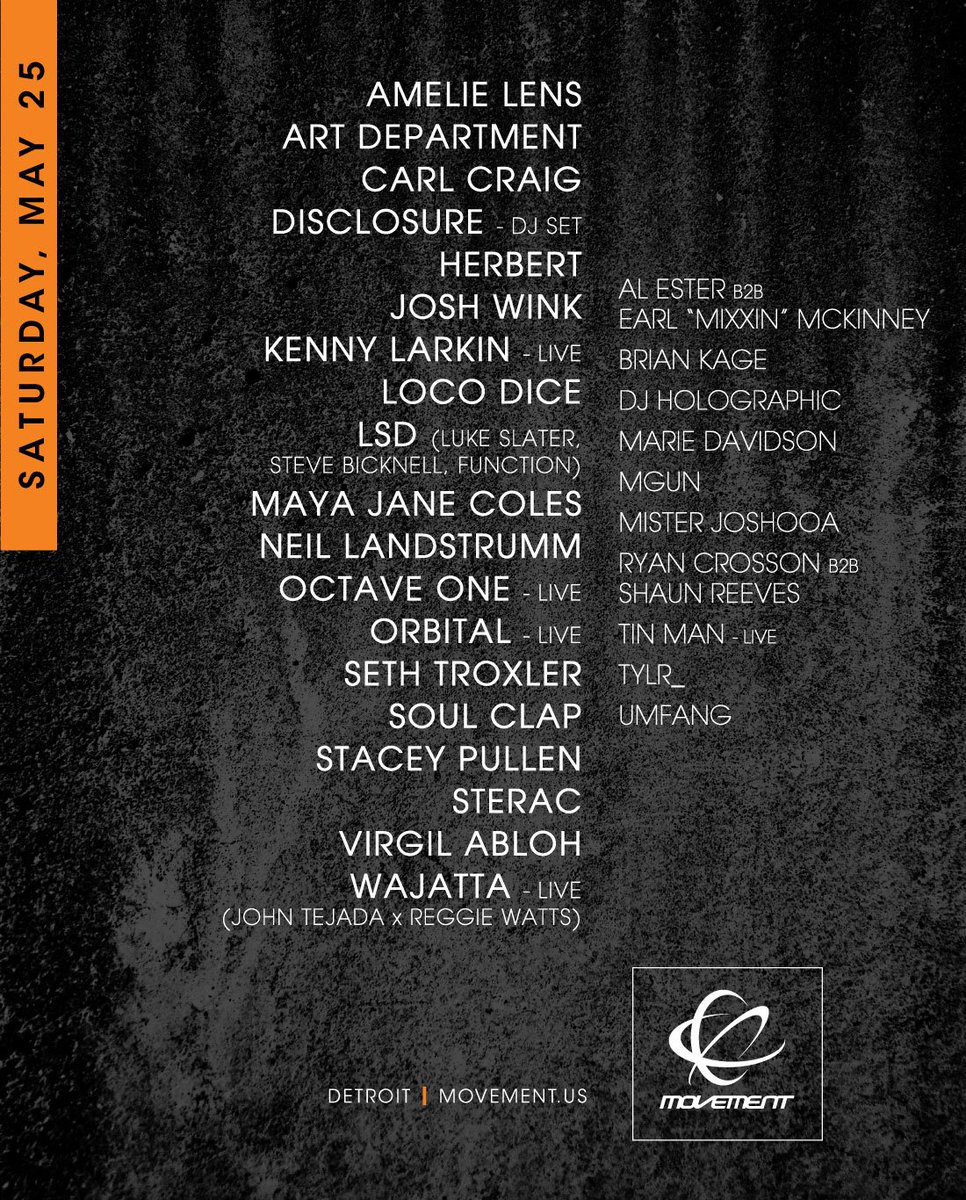Movement 2019 Saturday lineup featuring @amelielens, <a href="/carlcraignet/">RIDE OR DIE</a>, <a href="/disclosure/">Disclosure</a>, @locodiceofc, <a href="/mjcofficial/">Nocturnal Sunshine / Maya Jane Coles</a>, <a href="/octaveone/">Octave One</a>, <a href="/sethtroxler/">Here's Troxy</a> and many more! Stay tuned for Sunday and Monday lineups🙌 
Secure your #TechnoCity adventure today➡️ bit.ly/MVMT2019  
#MovementDetroit