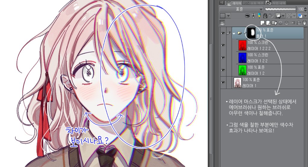 혹시나 필요하신 분들이 있을까해서 사진처럼 원하는 부분에만 셀로판효과, 색수차효과를 만들 수 있는 오토액션을 클튜에 소재로 등록해두었습니당~~

클튜 에셋에서 무료로 다운로드 가능합니다▶️assets.clip-studio.com/ko-kr/detail?i…