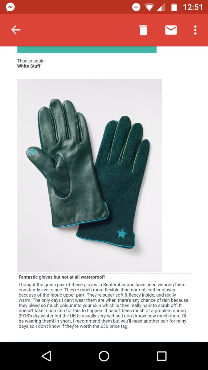 mashers93's tweet photo. @WhiteStuffUK I wrote a slightly negative review for your Lucy leather gloves and it's mysteriously been rejected. Censorship, much? People need to know they're not at all waterproof so attached my review here... https://t.co/FNB8JrxJHo
