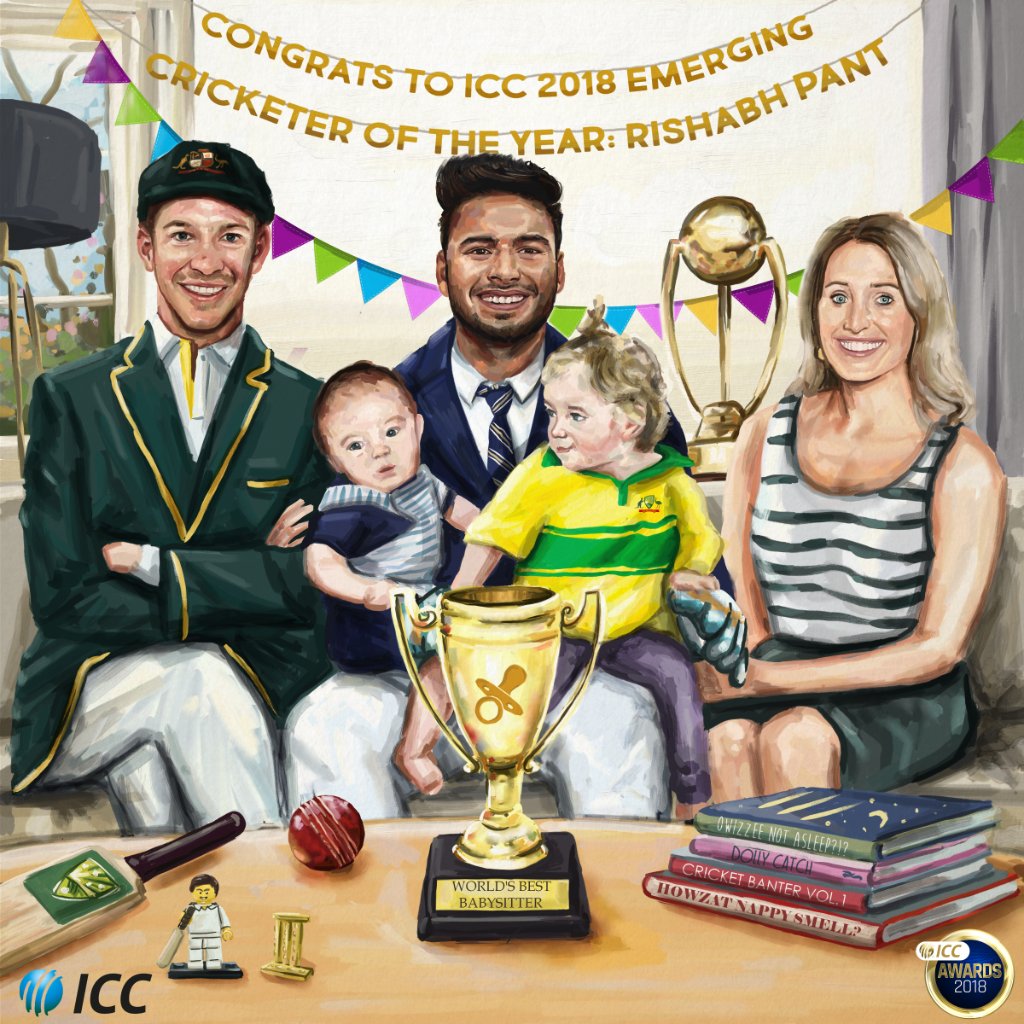 ICC's tweet photo. Champion babysitter and champion cricketer. 

@RishabPant777 is the ICC Men’s Emerging Cricketer of the Year 2018!

#ICCAwards🏆 https://t.co/xrVuyNjao0
