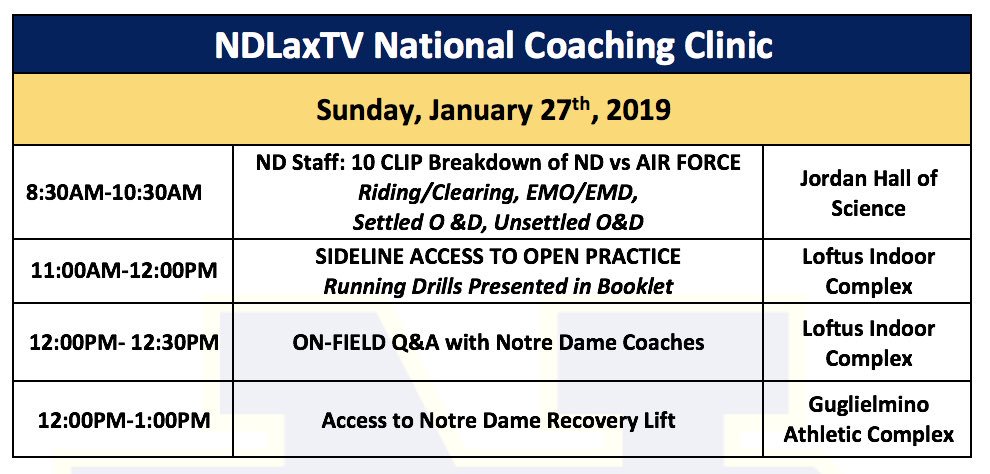 NDLaxTips's tweet photo. 4 days left to register for #NDLaxTV19 National Coaching Clinic on January 26-27. 

Less than 15 seats available!

See schedule below for variety of presentation topics, film &amp; Q&amp;A sessions, Vendor Village &amp; more.

Info: https://t.co/91T0yEPytc https://t.co/iUj2e8eK11