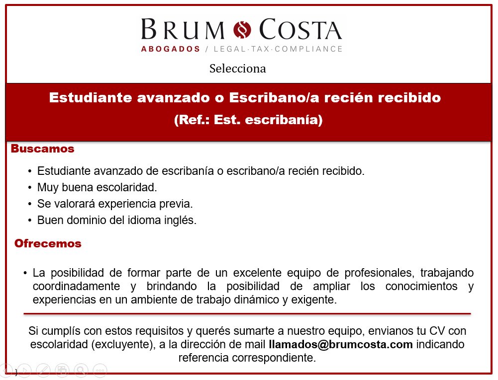 BrumCostaAbgs's tweet photo. Seleccionamos para nuestro Departamento Notarial: estudiante avanzado de escribanía y Escribano/a con experiencia. https://t.co/9NQtaKIDER