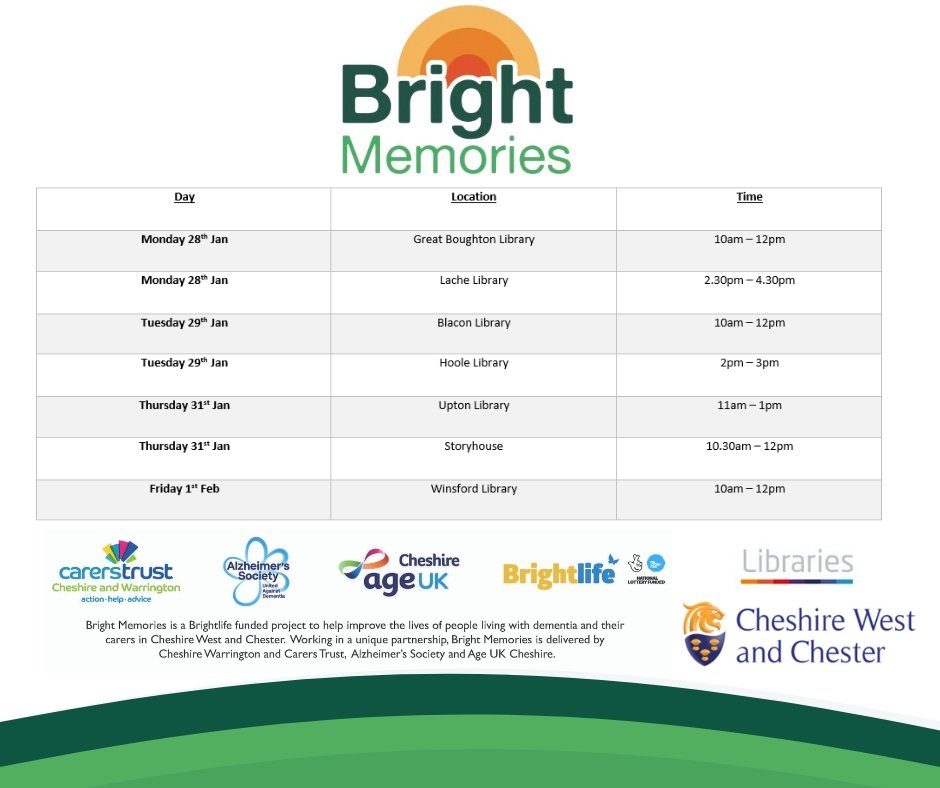 Here's our timetable for next weeks @cwaclibraries wellbeing week! Come and see us on one of the days where we will be having dementia inclusive drop ins, workshops and pop up cafes! #brightmemories7 #cwaclibaries #chester #winsford #cheshirewestandchester