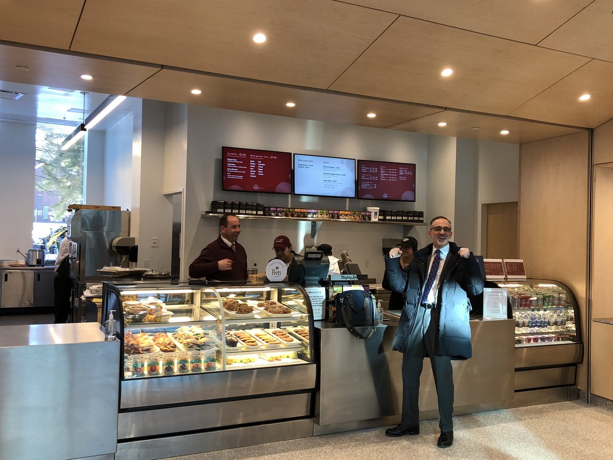 NefWalker's tweet photo. And just like that the new @IsenbergUMass Carney Cafe @UMassAmherst is open for business! Who other than Interim Dean Tom Moliterno to be the first person in line for coffee! #IsenbergCarneyCafe #NewBuildingWhoDis https://t.co/FhcFHdbwyy
