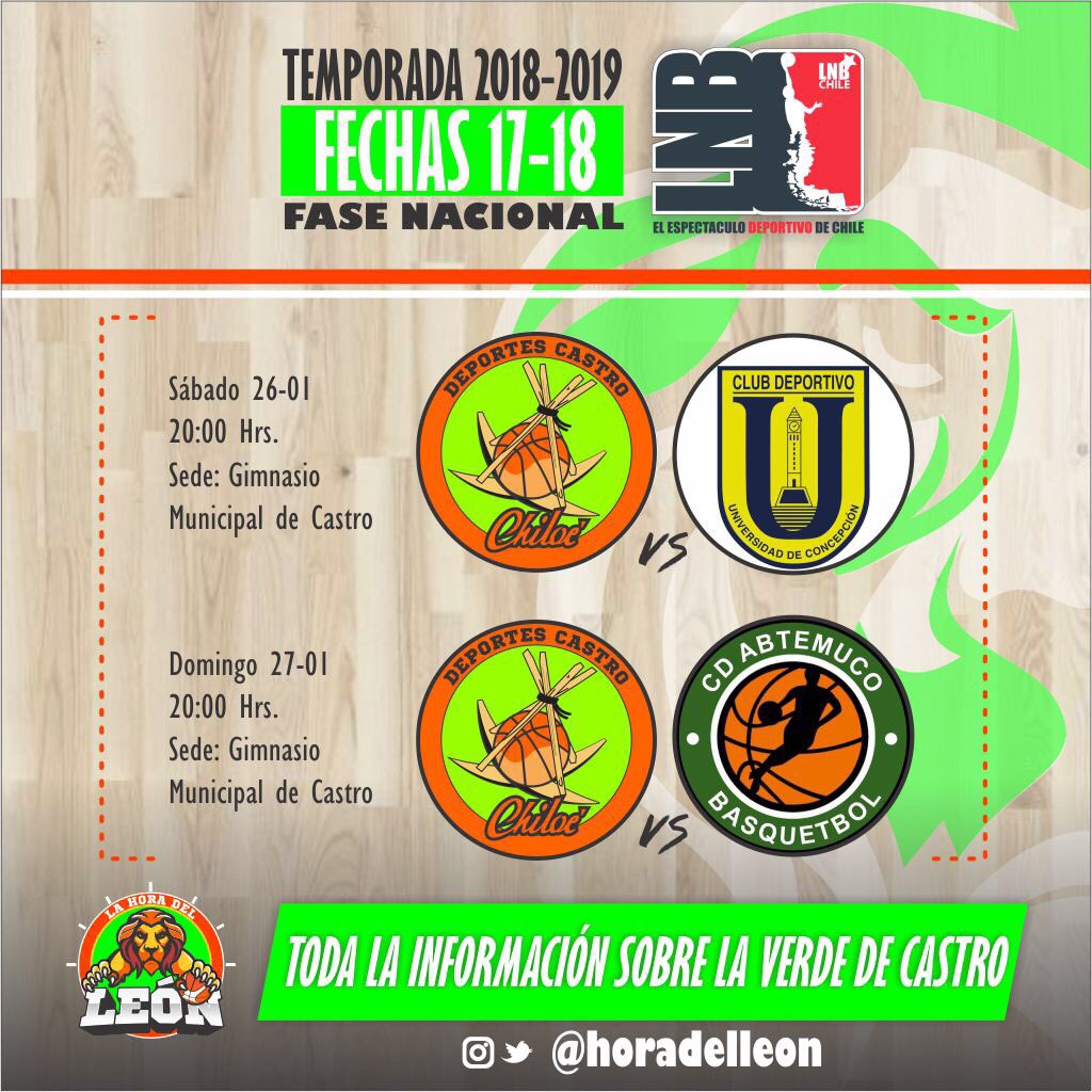 horadelbasket1's tweet photo. #LNB
Vamos Todos al Municipal 💚
🗓 Sábado 26/01/19
🕗 20:00 hrs
🆚 @BasketUdeC
🏟 Gimnasio Municipal
🗓 Domingo 27/01/19
🕗 20:00 hrs
🆚 @CDABTemuco
🏟 Gimnasio Municipal
#VamosCastro #VamosLeones
#DaleLeón #DaleCastro https://t.co/3QSV1RhTW2