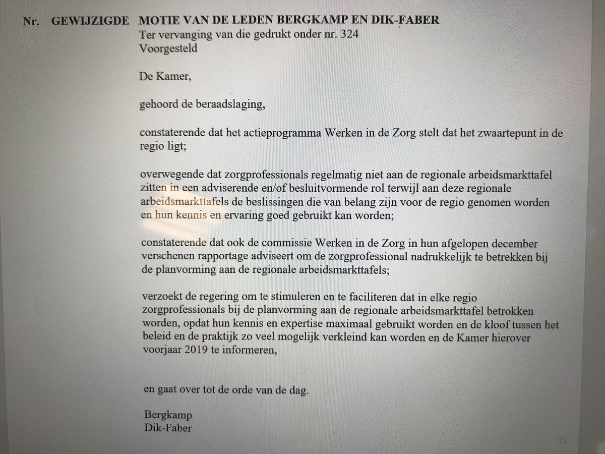 Motie van D66 <a href="/Vera_Bergkamp/">Vera Bergkamp</a> en CU <a href="/carladikfaber/">Carla Dik-Faber</a> over het betrekken van zorgprofessionals bij regionale arbeidsmarktplannen is met algemene stemmen aangenomen #top