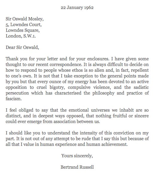 LettersOfNote's tweet image. On this day in 1962, with great eloquence, Bertrand Russell told fascist leader Oswald Mosley to get stuffed. 

(More: bit.ly/1PdRKmY)