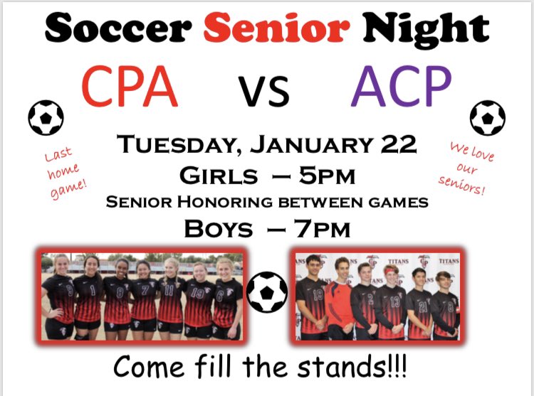 CPAMensSoccer's tweet photo. Game Day!!  Senior Night!! See you at the field!! https://t.co/IpCzOl0JjS