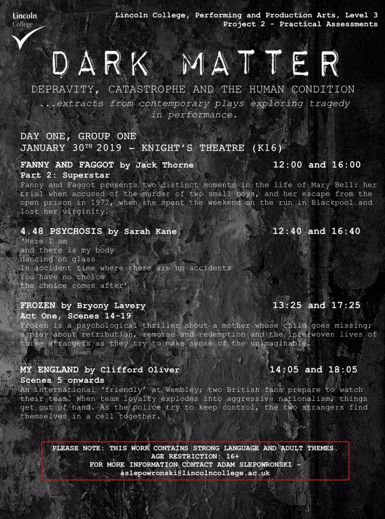 productiondarcy's tweet photo. ‘exploring tragedy in performance’ Come see Dark Matter next Wednesday/Thursday at @lincolncollege #productionarts #darkmatter #lincolncollege https://t.co/rY6ag8szAa