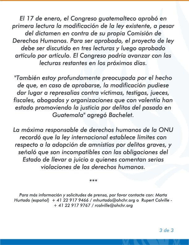 Oacnudh_GT's tweet photo. 🔴 #Comunicado #Guatemala: Bachelet advierte que la modificación de la Ley de Reconciliación Nacional conducirá a la impunidad por graves crímenes.  Ver comunicado>  https://t.co/nTRLFujQPQ https://t.co/62t41dRcnq