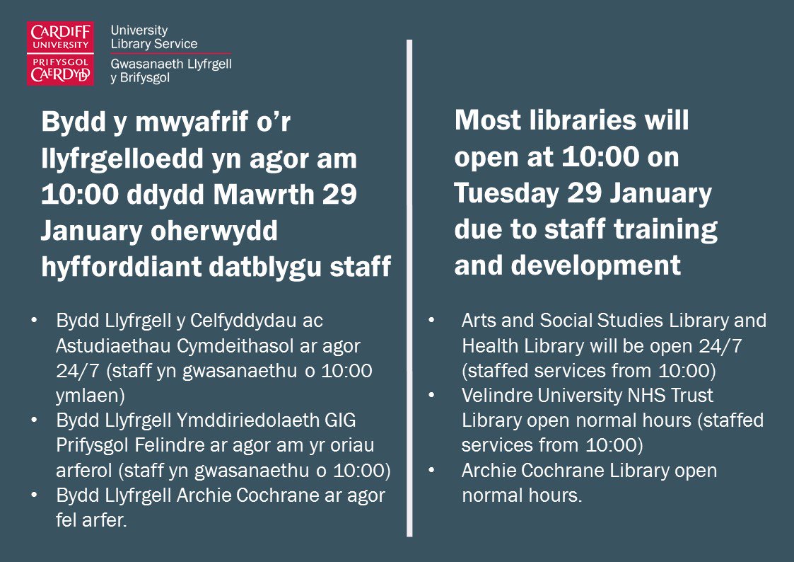 cardiffunilib's tweet image. NOTICE:
Most of our libraries will open at 10:00 on Tuesday 29 January due to staff training and development. The @ASSLLiby and @cuhealthliby will be open 24/7 (staffed services from 10:00).

Please share if you can. 📚⏰