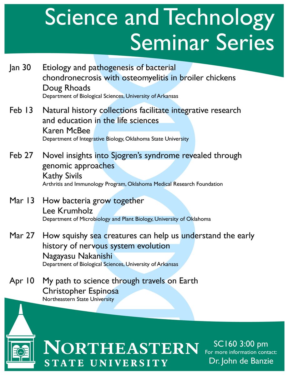 The spring 2019 Science &amp; Technology Seminar Series begins Jan. 30 with “Etiology and pathogenesis of bacterial chondronecrosis with osteomyelitis in broiler chickens” presented by Dr. Doug Rhoads.

More info on the series: nsuok.edu/News/Story/265…