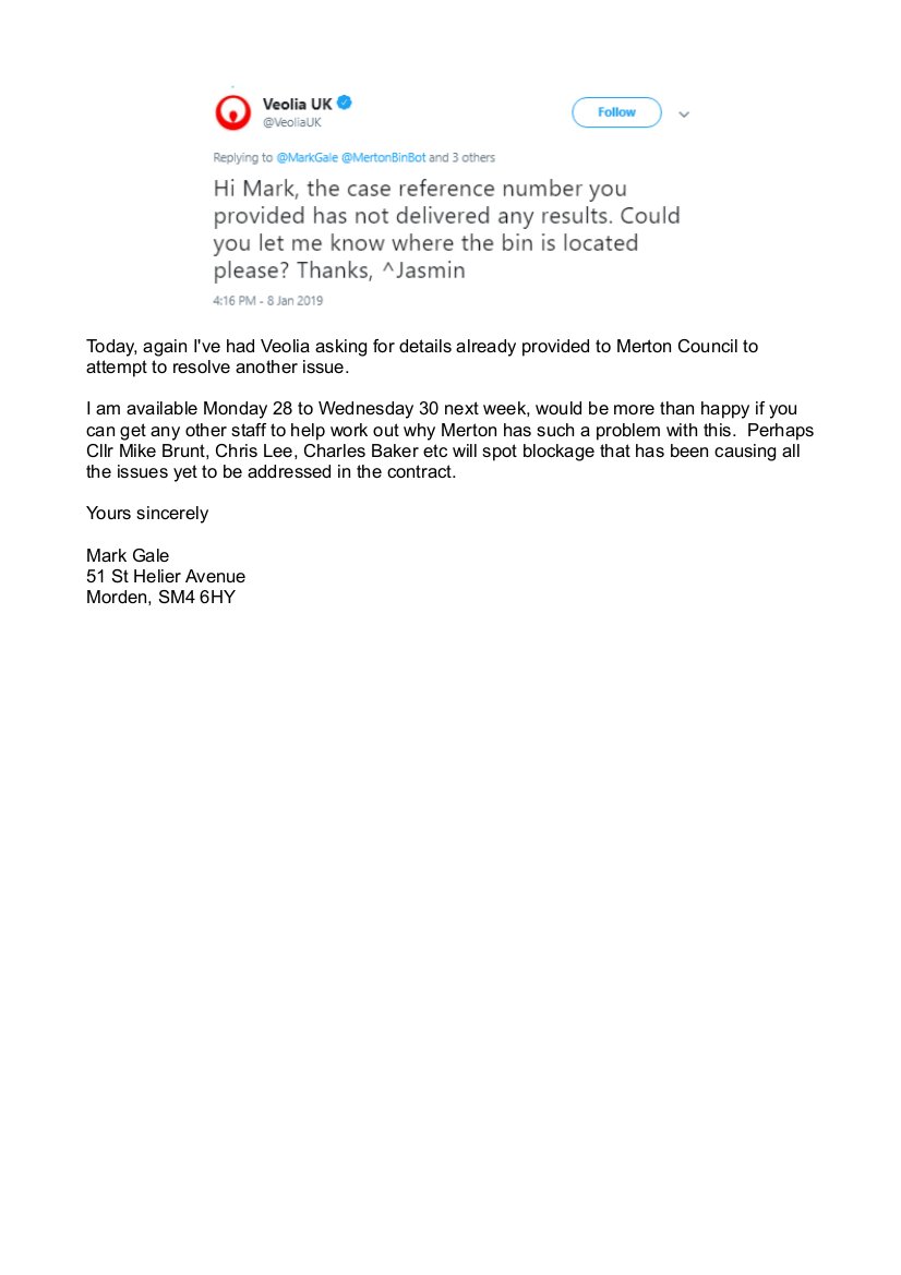 Written a letter to my ward councillor <a href="/cllr_alambritis/">Cllr Stephen Alambritis MBE</a> in the hope that we can meet to establish the exact problem in the breakdown in communication between the <a href="/Merton_Council/">Merton Council</a> Waste Report-it System &amp; shambolic service from <a href="/VeoliaUK/">Veolia | UK</a> (who don't get the details?) #muckymerton
