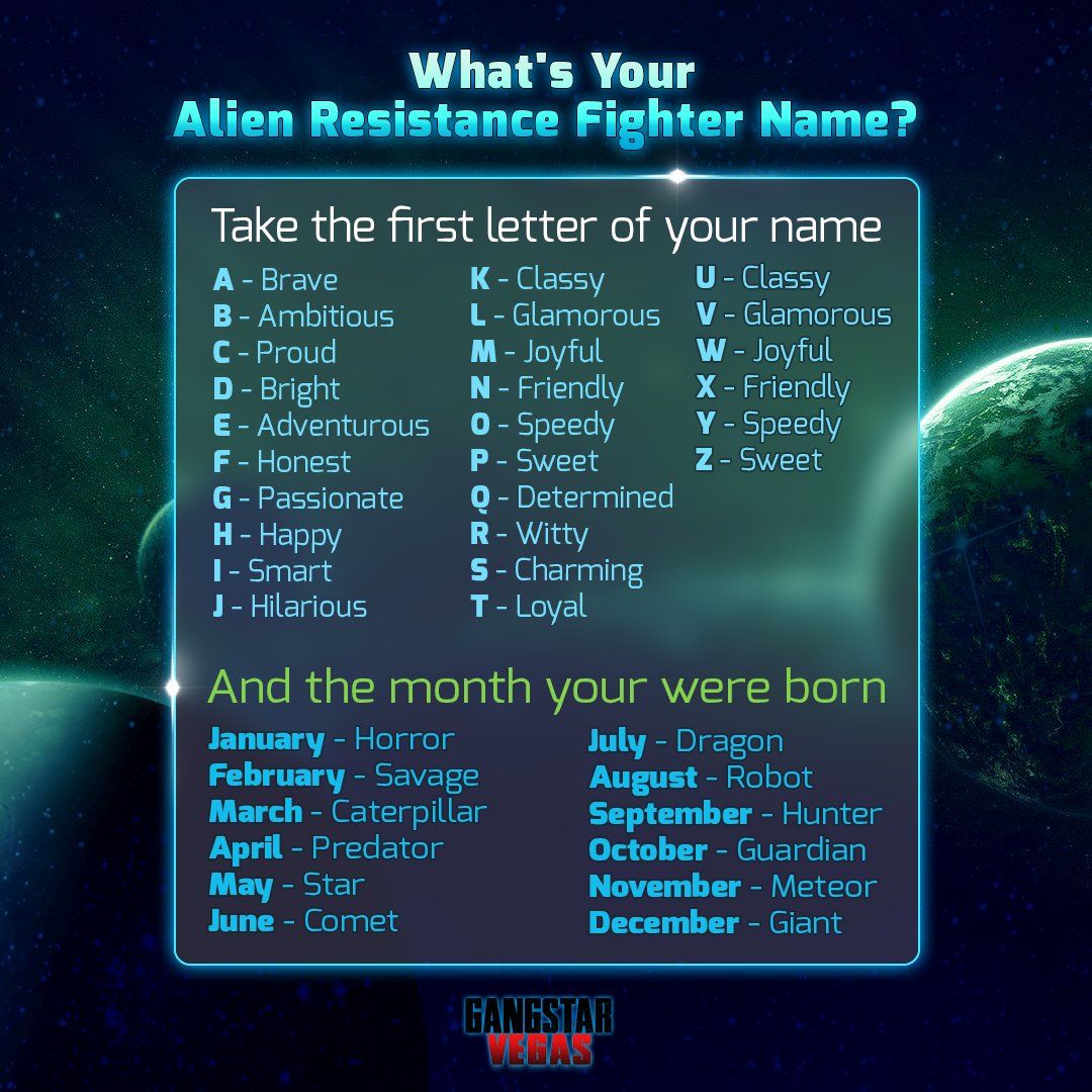 Gangstar Vegas Let S Have Some Fun Gangstars What S Your Alien Resistance Fighter Name Share Your Results In The Comments Resist Alien Domination Now T Co G7vamdsqo0 Gangstarvegas Alienassault