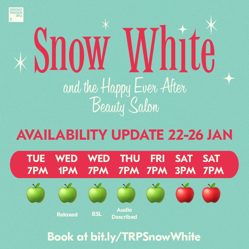 TRPlymouth's tweet image. Hurry! Less than 300 tickets left for @inthewrongcrowd's Snow White! Green apples for the best availability! Tickets at bit.ly/TRPSnowWhite #AllNewSnowWhite

Please call 01752 267222 to book the access performances. 🍎