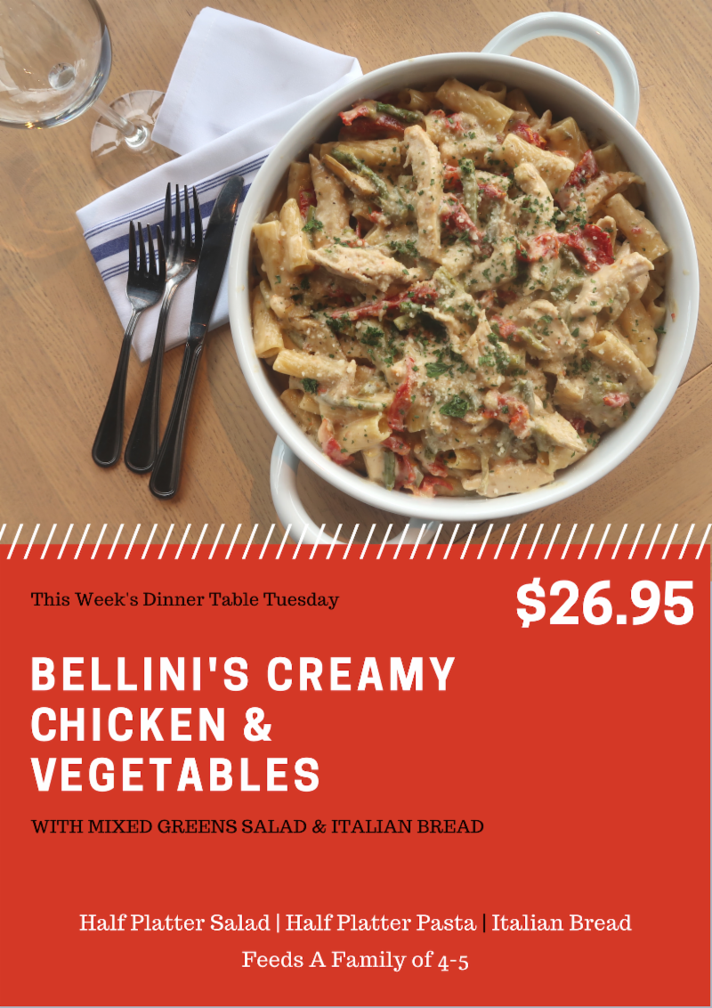 Cozy up to some Italian food tonight! Bellini's Creamy Chicken &amp; Vegetables! $26.95 feeds the whole family! Call &amp; Pickup! #dinnertabletuesday #marrellorestaurants #italianfood conta.cc/2FV2JHP