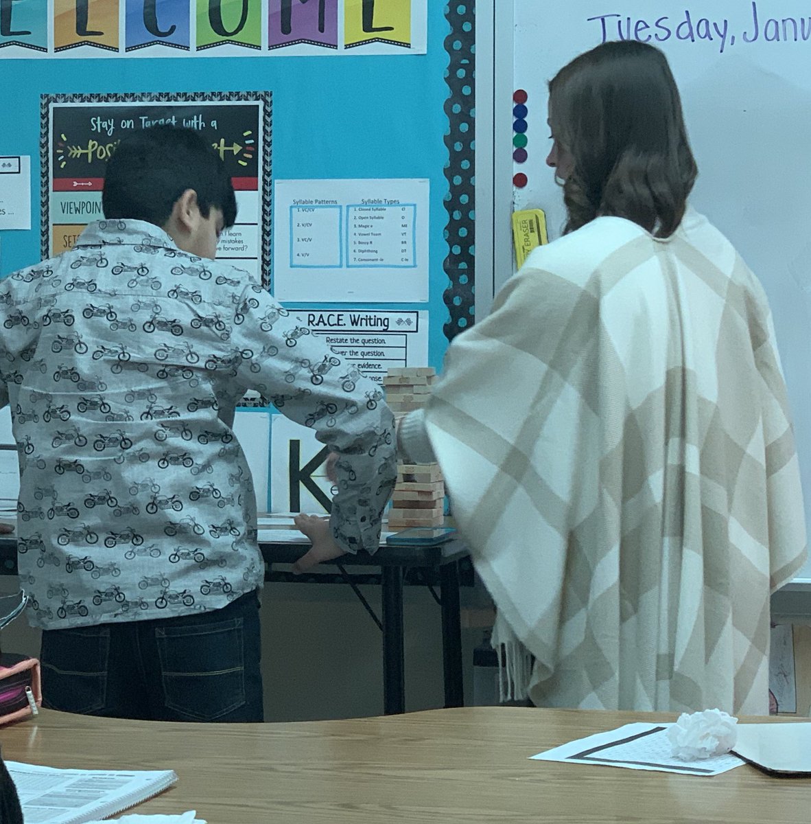 MrsMaryGLee's tweet photo. Love seeing my student teacher, Ms. Medaris, engage with Ss to review ratios and proportions- with Jenga!  It’s invigorating to support a preservice teacher!  #MasonMoment #MIStrong https://t.co/h4rZzBIVMY