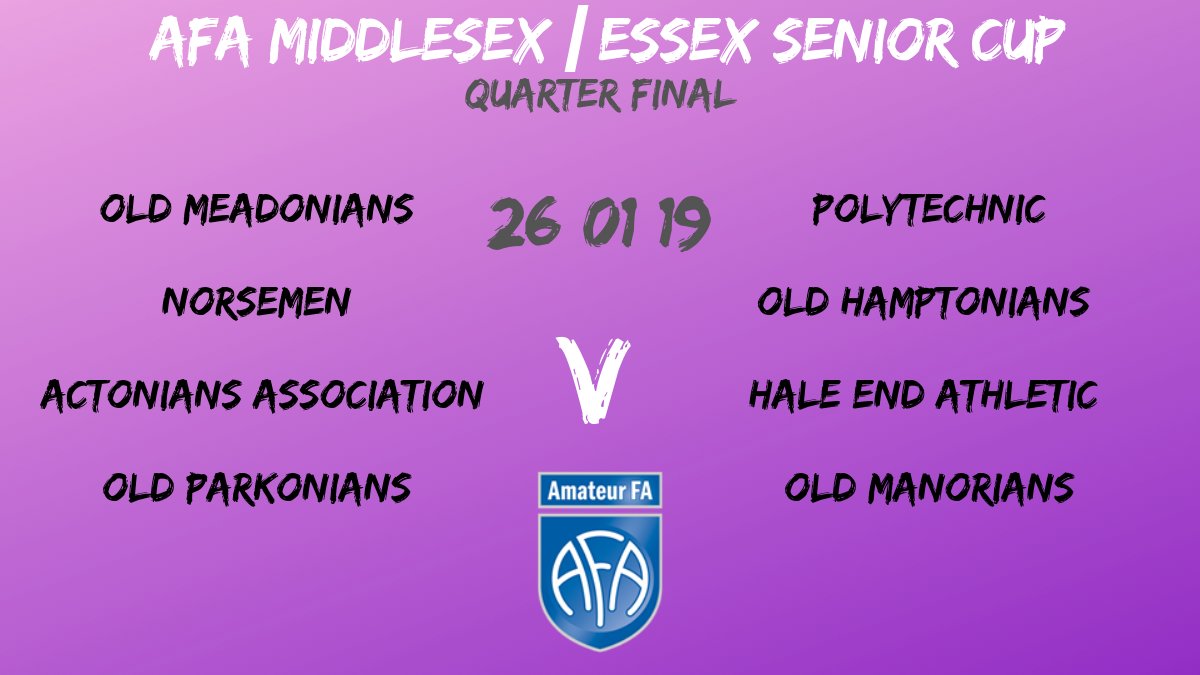 QUARTER FINAL...

AFA Middlesex/Essex Senior Cup Fixtures

Who will make it to the Semi Final?
