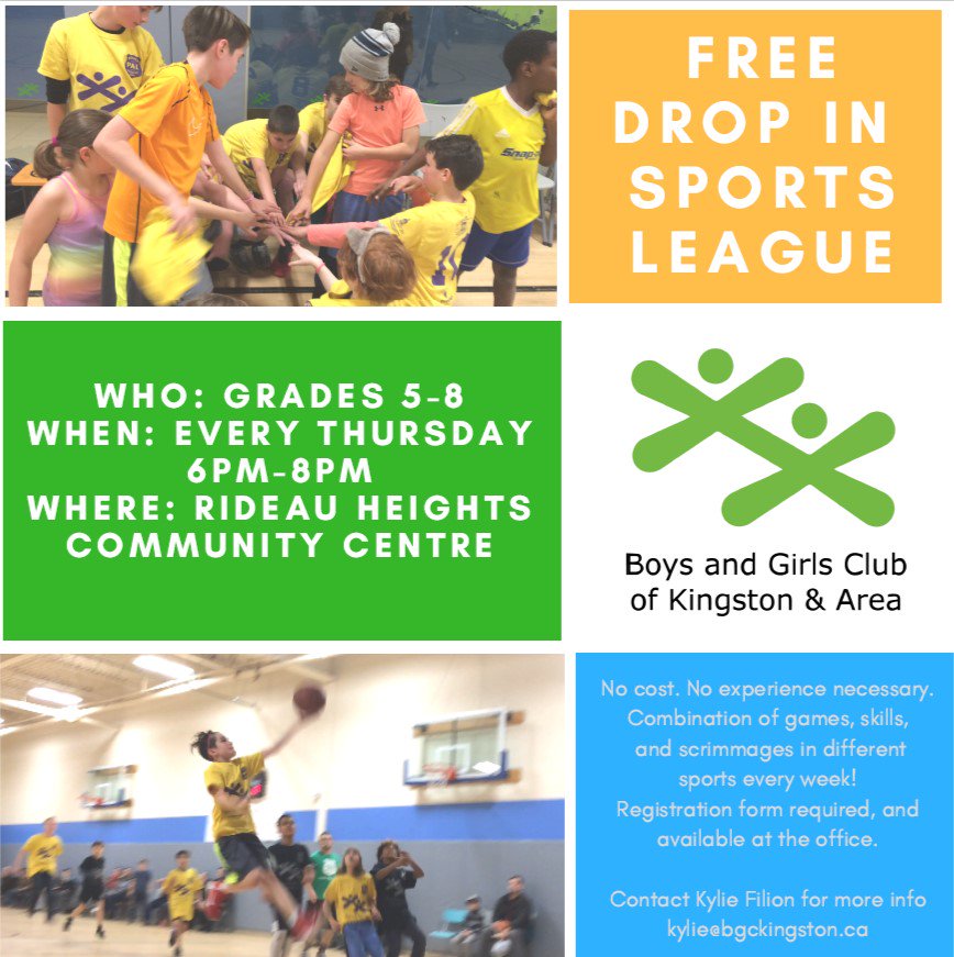 Join us for our FREE Sports Nights at the Rideau Heights Community Centre! We provide Snacks, Skill development, interesting games, and lots of FUN!

Grades 5-8. No experience necessary!
Contact kylie@bgckingston.ca for more information, and to register!

#ygk <a href="/cityofkingston/">City of Kingston - Municipal Government</a>