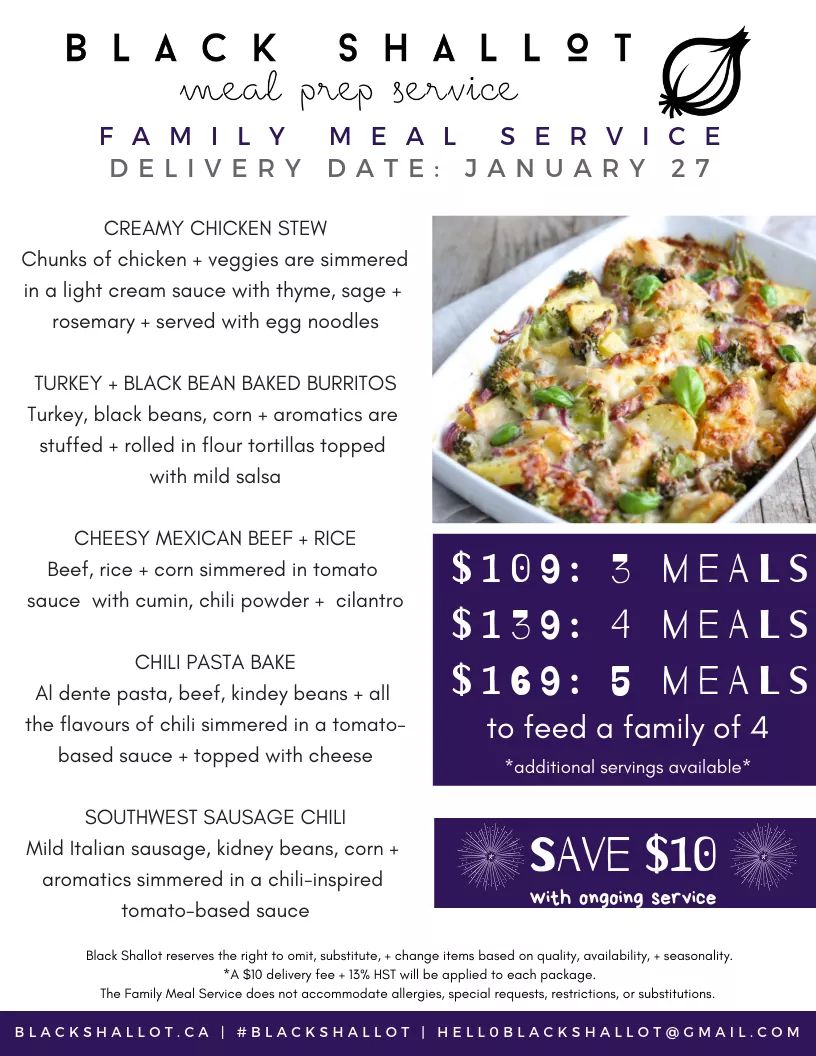 Family meals delivered! Kid-approved dinners for the week starting at just $109! #ottawa #mealprep #mealservice #blackshallot #kidfriendly