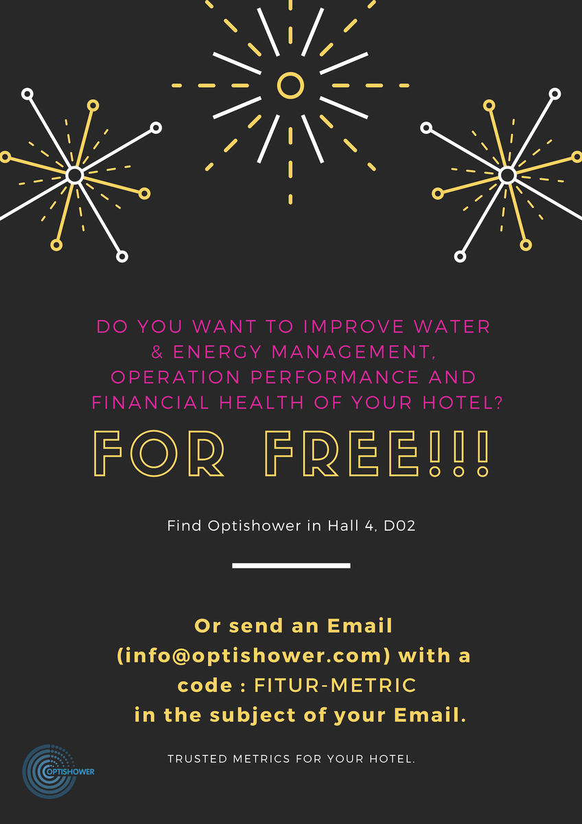 Optishower's tweet photo. Do you want to improve #water &amp; #energy management, operation performance and financial health of your Hotel for FREE? 
Visit us @ Hall4, D02 during  #FITUR 2019 in #Madrid. https://t.co/2oadksl4CD