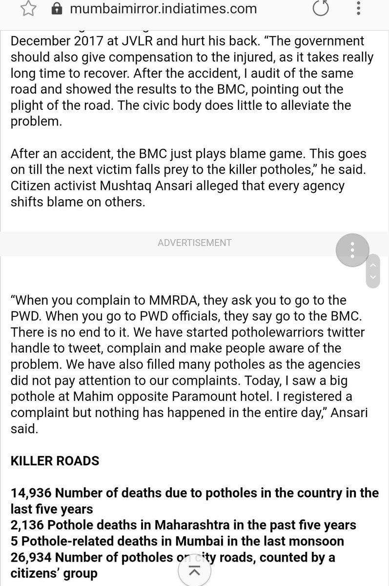 PotholeWarriors's tweet photo. #PotholeTime 
Victims says Compensation is Not Enough😡!
Civic Bodies must be held Responsible for Negligence😠
Do Read Full #PotholeStorey here👇
#MumbaiMirror #MumbaiPotholes 
Click👉 https://t.co/hFzaBFCwzr
@RoadsOfMumbai
@RSFI2016
@manojkwadhwa @mumbairailusers @RailMatters https://t.co/zJqcvUHT2p