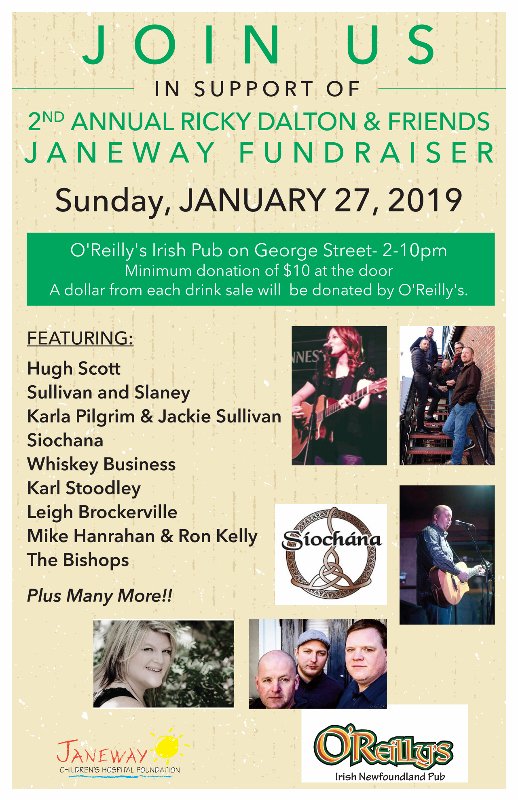 Tomorrow! Join us for a very special fundraiser for <a href="/JanewayNL/">Janeway Children’s Hospital Foundation</a>! Music from <a href="/SiochanaNL/">🍀 Síochána 🍀🇨🇦🇺🇦🇮🇪</a>, Karl Stoodley, <a href="/easternpassNL/">Eastern Passage</a>, Mike Hanrahan &amp; Ron Kelly, <a href="/markyganock/">Mark Hiscock</a>, The Punters, <a href="/Bishopsnf/">The Bishops</a>, <a href="/TheNavigatorsNL/">Arthur O'Brien</a> &amp; more, starting 2pm!