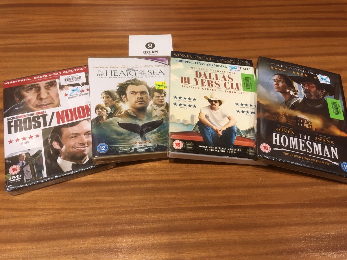 #CharityShop new/sealed DVD #bargains, 4 for 99p courtesy of @OxfamScotland:
#FrostNixon & #InTheHeartOfTheSea from director @RealRonHoward; #DallasBuyersClub starring @JaredLeto & @McConaughey; #TheHomesman, #TommyLeeJones directs & stars alongside @HilarySwank 
#KeepDiscsAlive