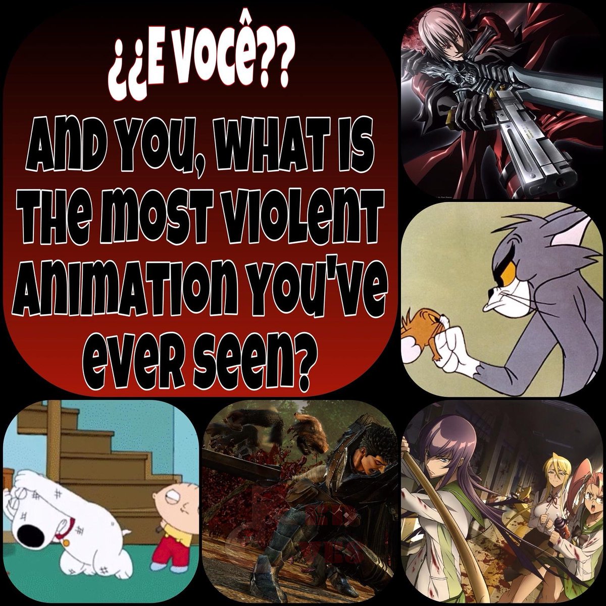 Redeyes_kings's tweet image. ¿¿E você??
E você, qual é a animação mais violenta que ja viste??

Animation: Devil may Cry; Tom and Jerry; Family Guy; Berserk; High School of the Dead.

#RedeyesKings #Animeimpulse #OverBlog #Gaminguardian #TheTelegraph