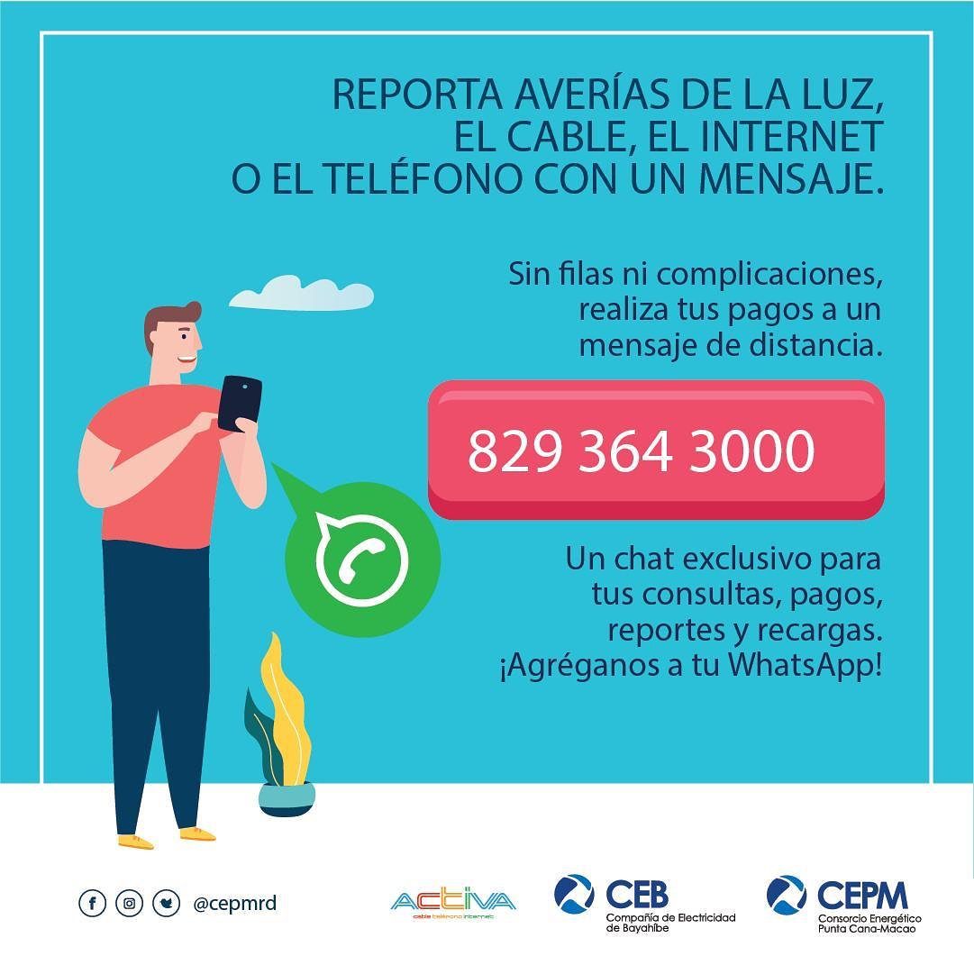 CEPMrd's tweet photo. Reporta tus averías sin tener que moverte de donde estés, comunícate con nosotros por WhatsApp e informándonos en tiempo real sobre tu situación. Solo debes agregar a tu lista de contácto el número de teléfono: 829-364-3000
#kilowattsdevida #CEPM #Bavaro #PuntaCana #Verón https://t.co/KsceoZxgnF