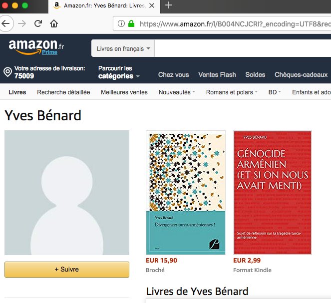 assoARAM's tweet photo. Deux livres de Yves Bénard en vente sur le site Amazon. Nous demandons le retrait de ses deux ouvrages à @AmazonFrance qui nient et relativisent la réalité du génocide des Arméniens, pourtant reconnu par les historiens et par une loi, en France. #TousUnisContreLaHaine https://t.co/mJ3ISUa4Lx