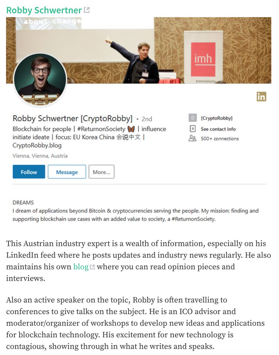 cryptorobby_'s tweet photo. Enchanted! 😇 made it to No 2 of worldwide Top 6 Blockchain Bloggers
No1 @antony_btc No 2 #CryptoRobby - yes that's me! No 3 @VitalikButerin No 4 @Chris_Skinner No 5 @gendal @SteptoeLLP
https://t.co/zjIqLrFWt5
#ReturnonSociety https://t.co/RJQRzXCstU