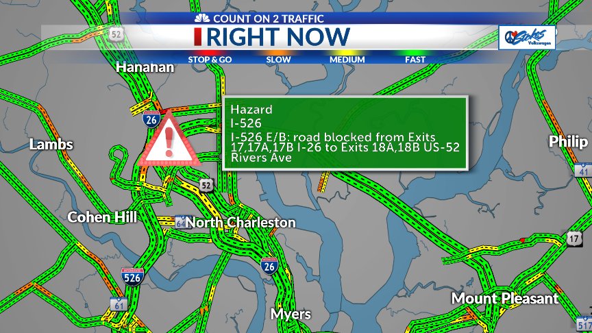 counton2traffic's tweet photo. COUNT ON 2 TRAFFIC ALERT: Road blocked due to accident on I-526 Eastbound from Exits 17,17A,17B I-26 to Exits 18A,18B US-52 Rivers Ave.

#CHStrfc https://t.co/xZdPP9UwWS