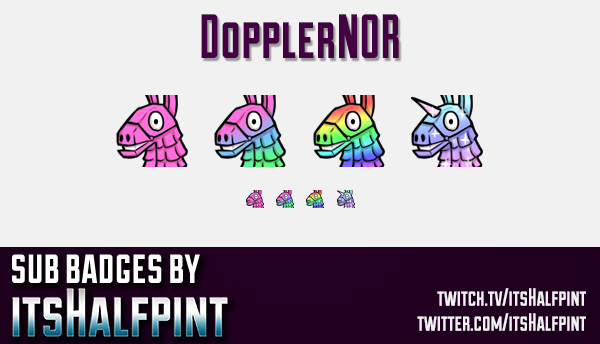 DopplerNOR's tweet photo. Yaay! Subbadges done by this incredibly amazing artist .@itsHalfpint 
BIG vouch from me! #twitchemotes #twitchemoteartist #emoteartist #twitch #Fortnite #llama #subbadges https://t.co/vJcTVAA3rW