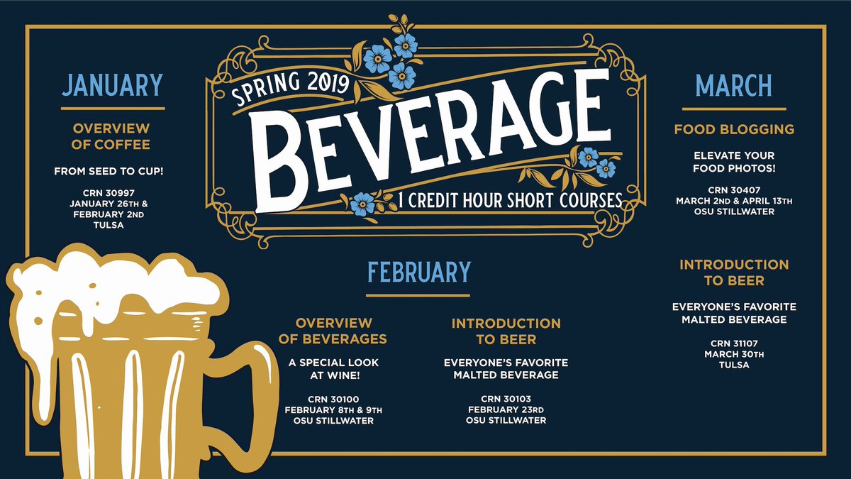 We have several beverage education classes this semester. Save this photo in your camera roll to have all the dates in one place! 

🥂 okla.st/HTMbeveragecou…