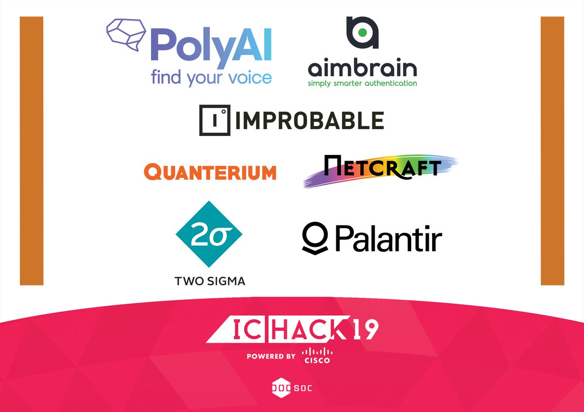 ICHackUK's tweet image. We&apos;re very excited to begin announcing the sponsors for IC Hack 19! First up, Bronze tier: @AimBrainHQ, PolyAI, @QuanteriumTech, @Improbableio, @Netcraft, @PalantirTech and @twosigmacareers. Find out more about them here: facebook.com/events/2239401…
