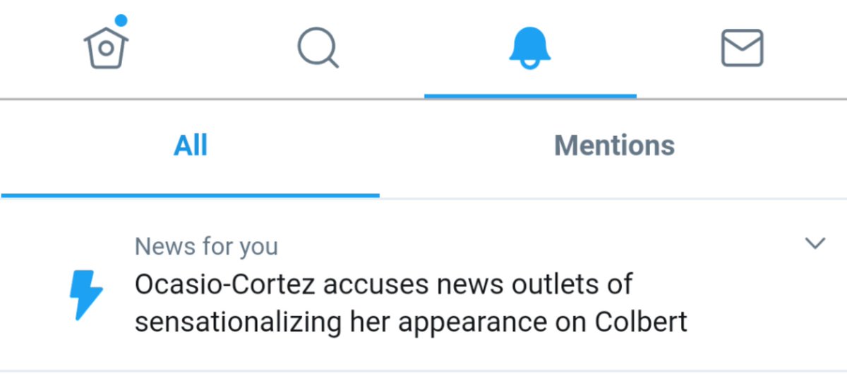 A Twitter "News for you" saying, "Ocasio-Cortez accuses news outlets of sensationalizing her appearance on Colbert"