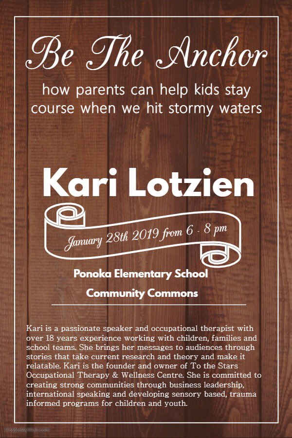 <a href="/tothestarsOT/">To The Stars OT</a> Kari Lotzien presenting Be The Anchor <a href="/PonokaElem/">Ponoka Elementary</a> to school council and any interested parents on January 28! 6 - 8 pm