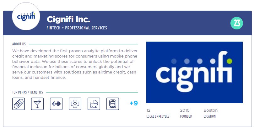 cignifi's tweet photo. We are thrilled to have been included on @BuiltInBOS's "Best Small Companies to Work For" list. We try very hard to create a challenging and enjoyable work environment for our amazing employees, and we appreciate the recognition. https://t.co/T4sCUaxHK0 https://t.co/hQGcb4cLZd