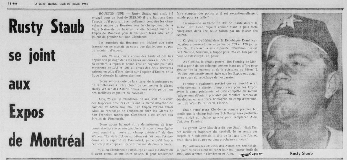 #OTD: Il y a 50 ans déjà, une première vague orange frappait #Montréal de plein fouet!
 
Le 22 janvier 1969, le Grand Orange a été acquis des Astros contre Donn Clendenon et Jesus Alou.

#Expos50 #MLBMTL #Expos