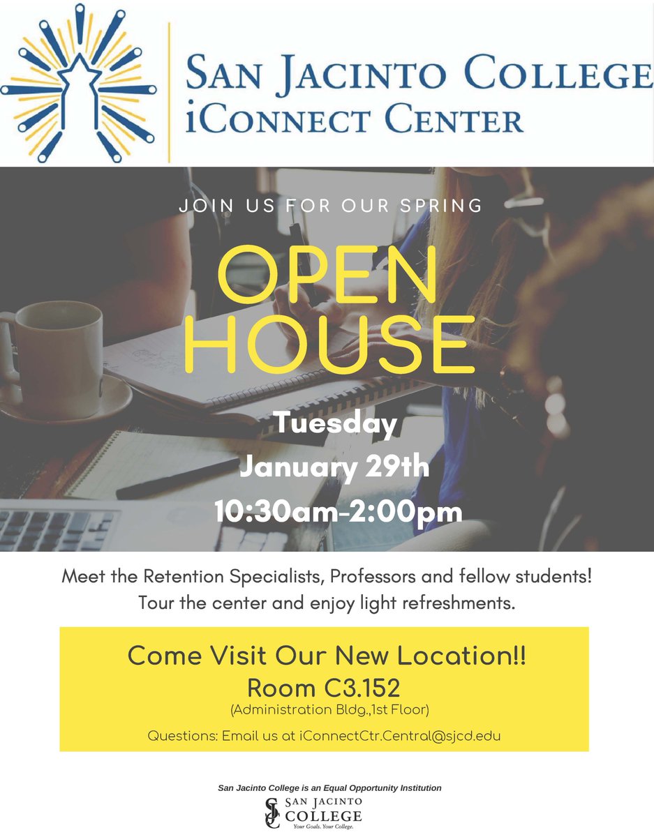 SJCDCollegePrep's tweet photo. Join us Tues, 1/29 at @SanJacCollege Central Campus iConnect Center for our Spring 2019 open house. Room C3.152. #iConnect https://t.co/pD5H0eVG02