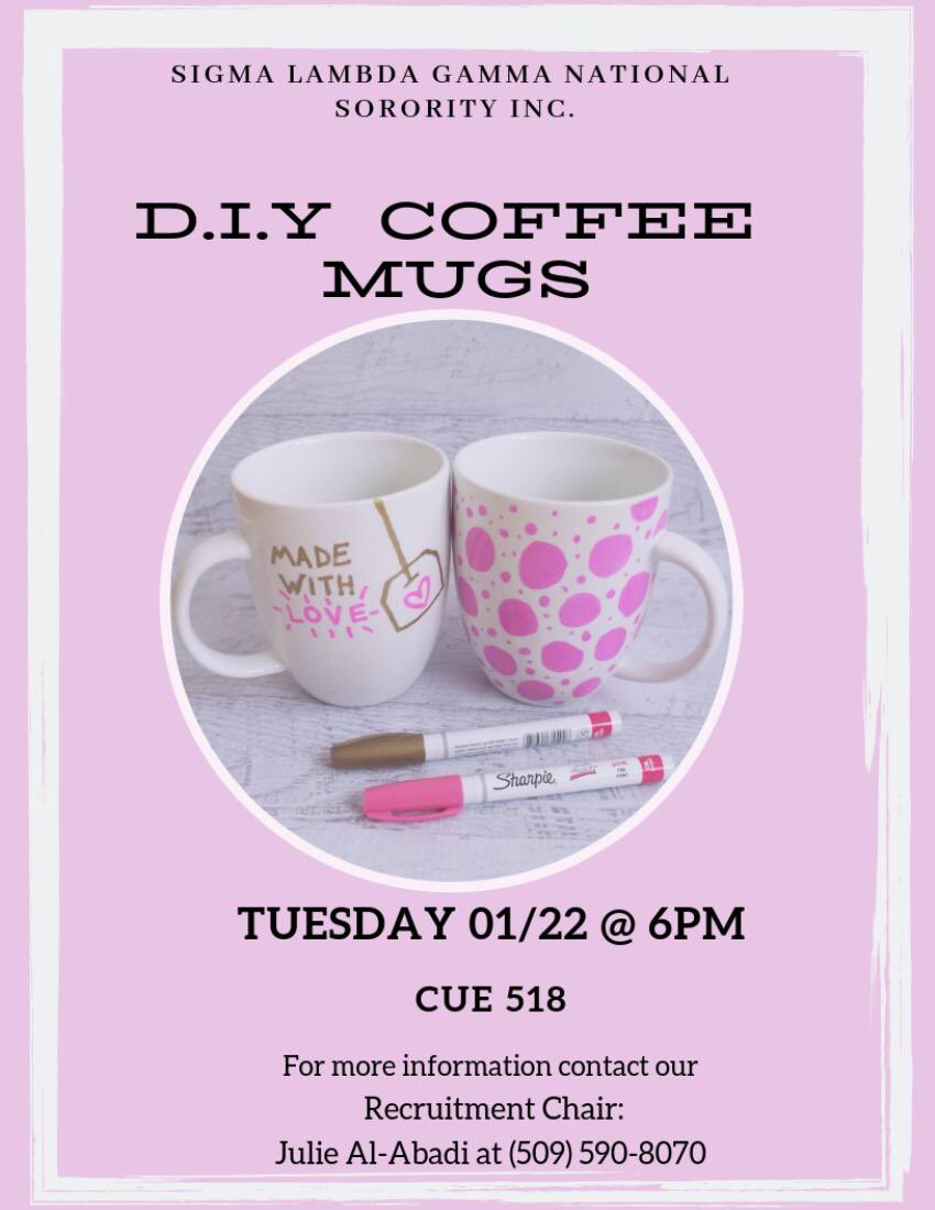 WazzuGammas's tweet image. Come get crafty with your favorite Gammas! We will be doing DIY coffee mugs today in CUE 518 from 6-7pm 😋☕️
Make sure to contact our recruitment chair, Julie Al-Abadi, if you need a ride or have any questions. ☺️💕 #GoCougs #GoGamma #WhySLG #GammaWeek2019