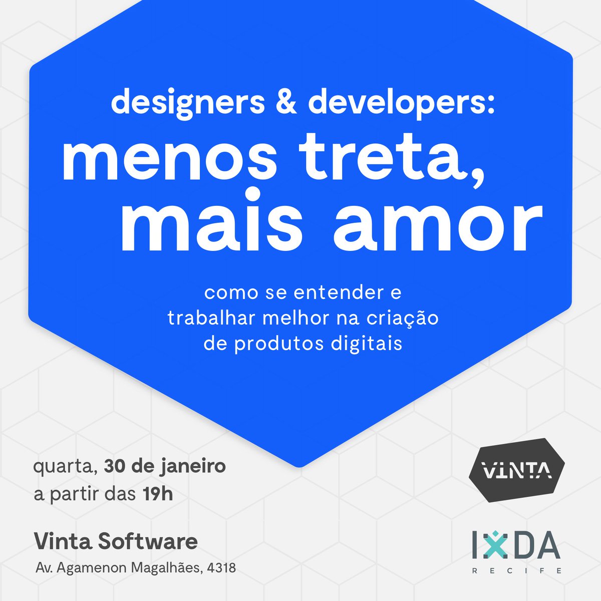 ixdarecife's tweet photo. No primeiro encontro de 2019: Aline Silveira, líder de design na @vintasoftware, e Camila Sá, gerente na @guavasoftware, vão conduzir um bate-papo sobre pontos de atrito entre devs e designers e estratégias para melhorar a comunicação. Vagas limitadas! https://t.co/7WK2LGhkDn https://t.co/GRq0RVJoJV