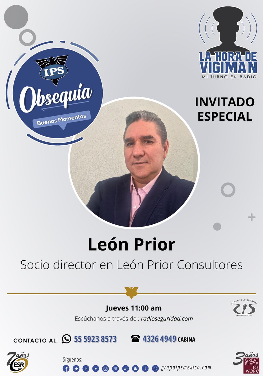 S_GrupoIPS's tweet photo. No te pierdas "La hora de Vigiman"
JUEVES 24 de enero de 11:00 am a 01:00 pm
Invitado: León Prior - Socio director en León Prior Consultores
#OBSEQUIA #ObsequiaConIPS #BuenosMomentos #RegalaInstantes #Año2019 #México #Confianza #Calidad #Héroes #FamiliaIPS #GPTW #ESR https://t.co/yaGjafmvhy